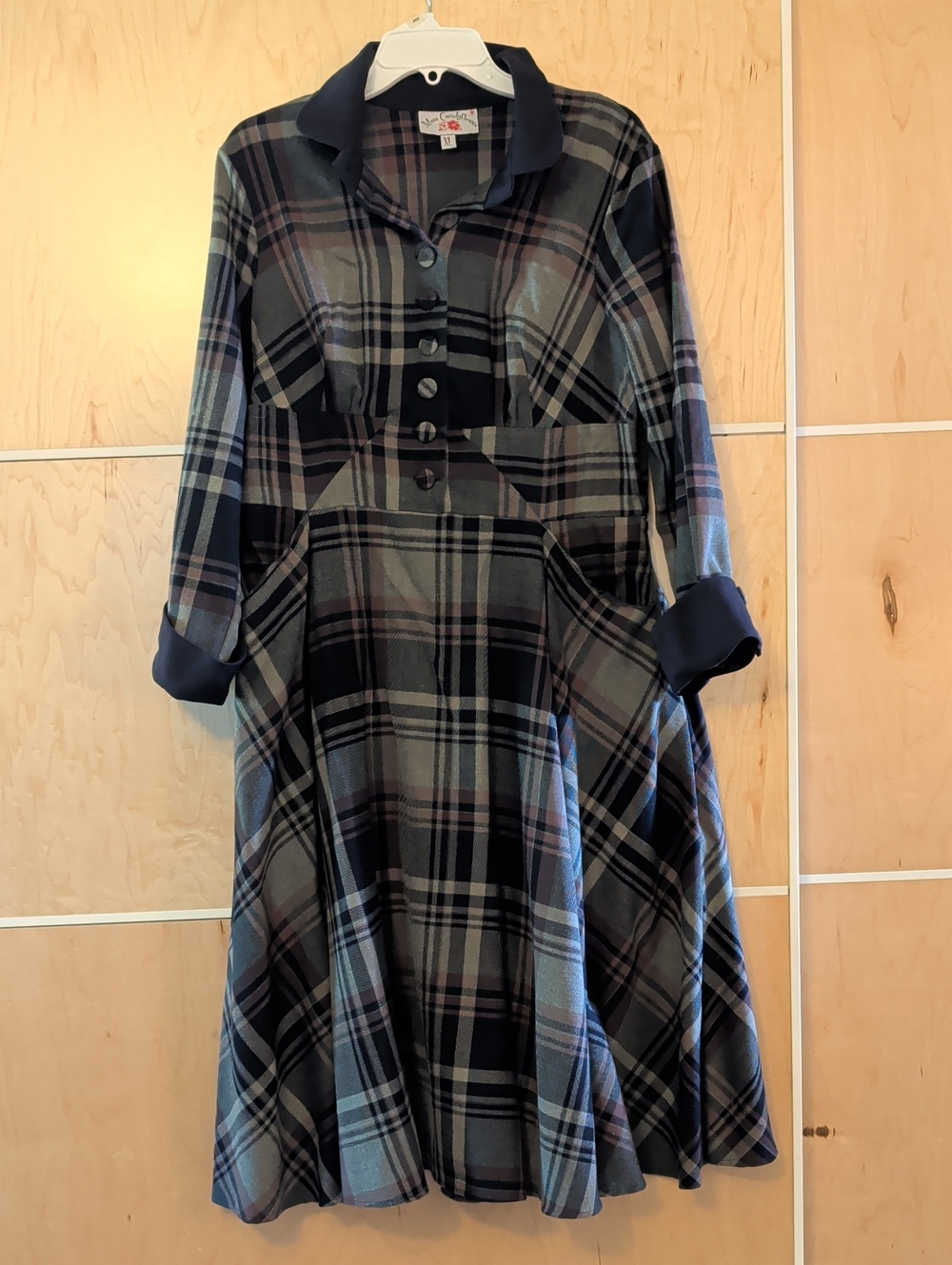 Miss Candyfloss Plaid Button-Front Midi Dress with Contrast Collar